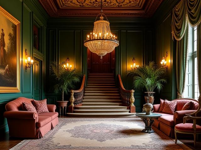 Luxurious country estate interior with a grand staircase and bespoke furnishings.